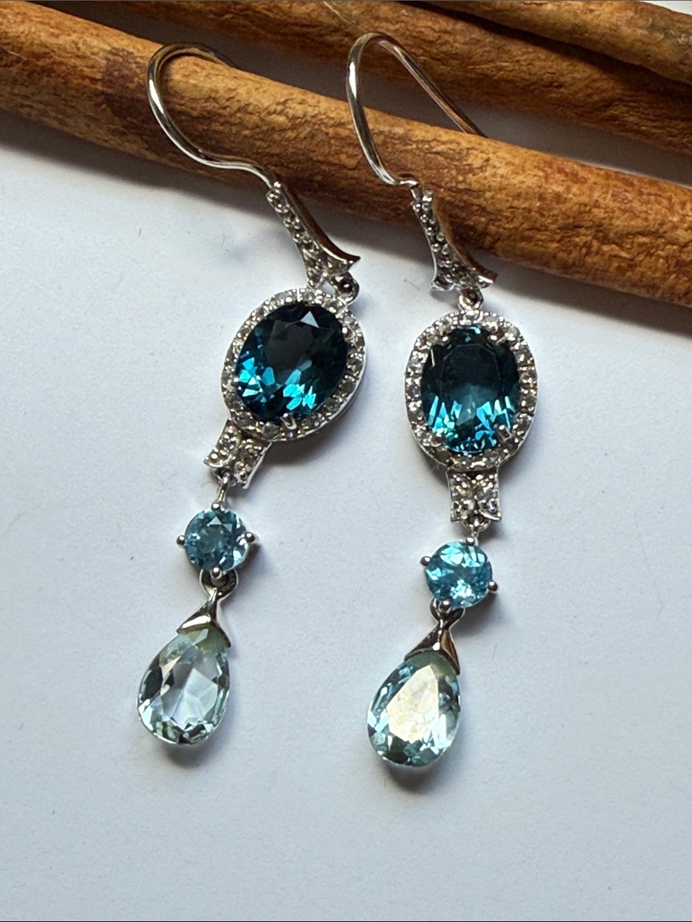 Silver Teal Blue Drop Earrings with Crystal Accents